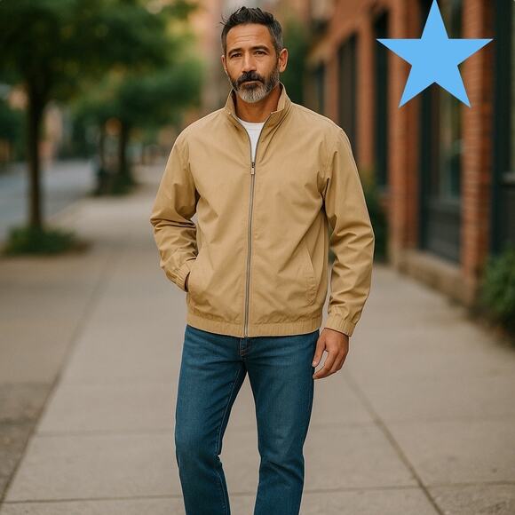 Timberland Khaki Tan Logo Fall Lightweight CASUAL Twill JACKET Mens XL - Picture 1 of 11